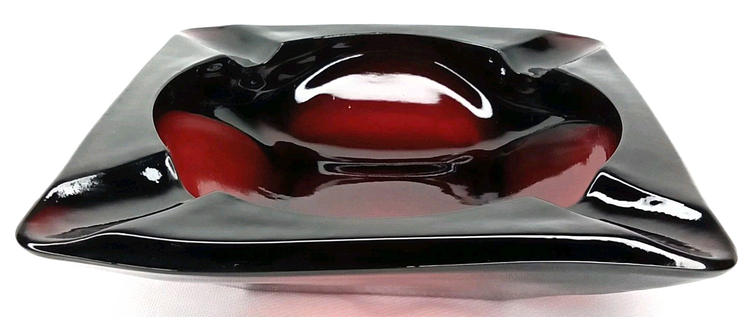 Antique 1940s Anchor Hocking Glass Ruby Red Large Square Ashtray Made In USA