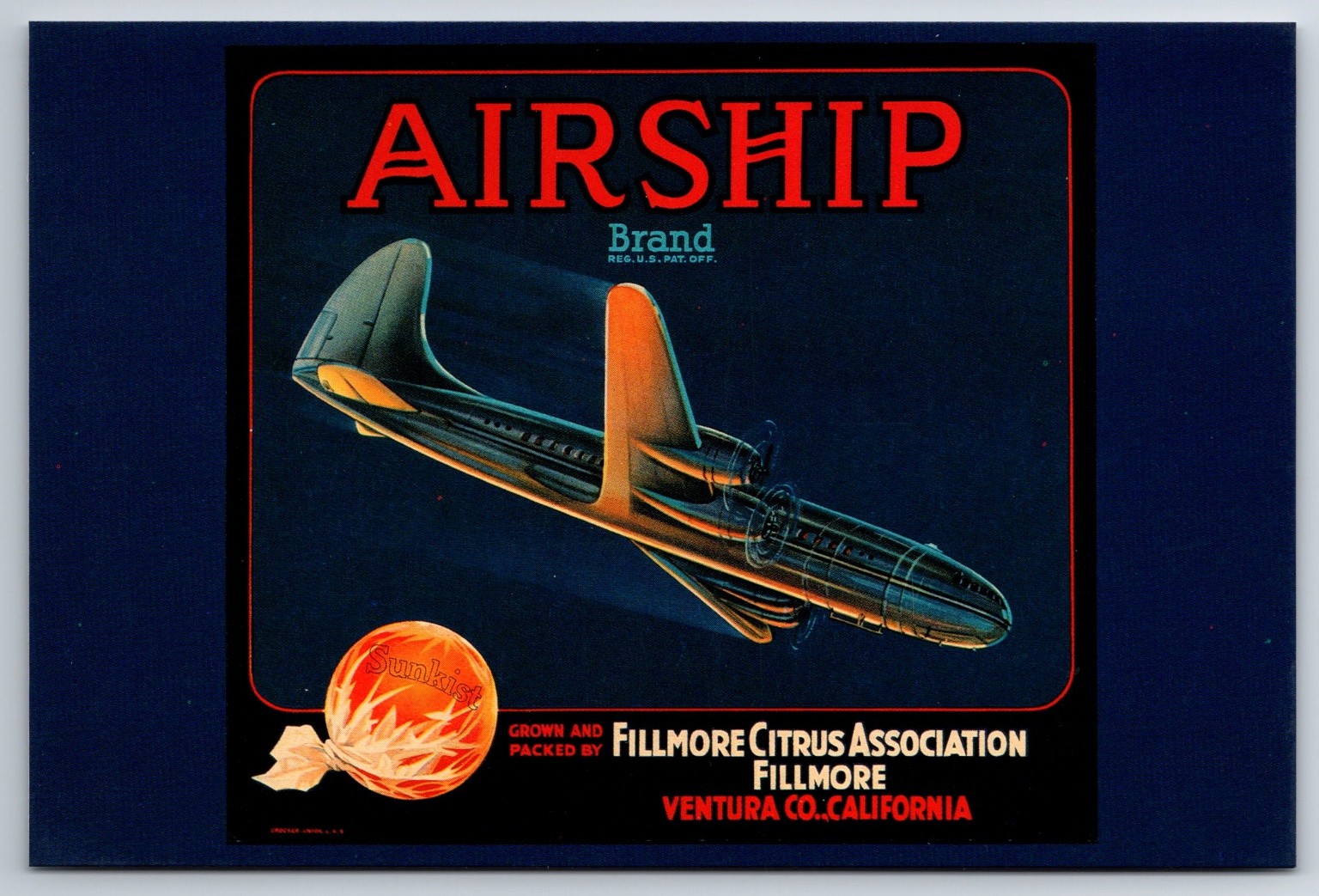 Airship Brand Citrus Crate Label Art Sunkist- 4x6 Reprint Postcard - Airplane Airship Brand Citrus Crate Label Art Sunkist- 4x6 Reprint Postcard - Airplane