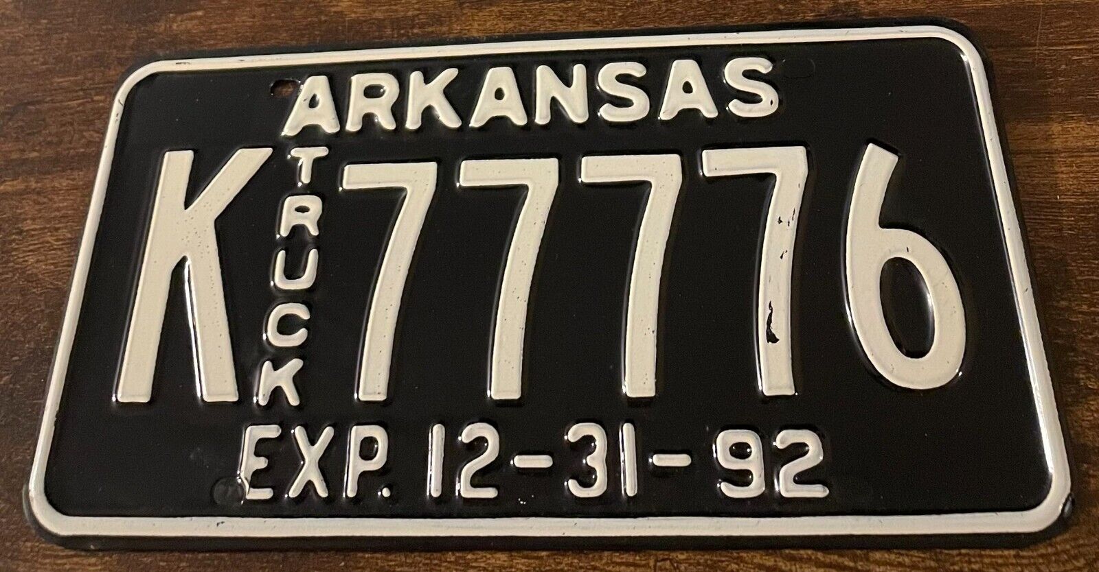 1992 Arkansas Truck License Plate K 77776 Good Numbers 7777 EMBOSSED STEEL