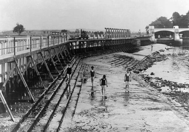 The waters Thames near London dropped very low level United Kingdo- Old Photo