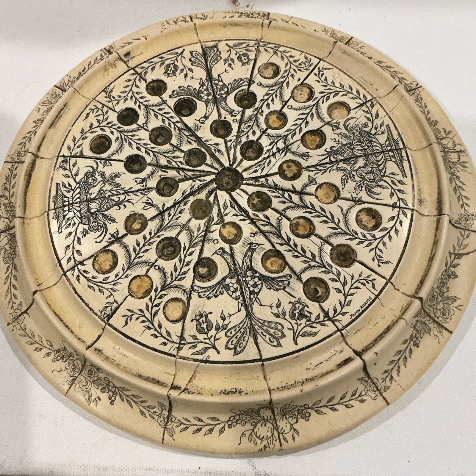 VTG FAUX IVORY SCRIMSHAW MARBLE DISPLAY SOLITAIRE GAME BOARD JOHN ADAMS PHEASANT VTG FAUX IVORY SCRIMSHAW MARBLE DISPLAY SOLITAIRE GAME BOARD JOHN ADAMS PHEASANT