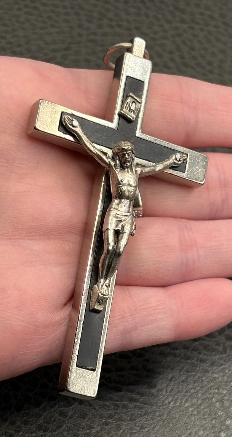 Vintage 4” Huge Italy Crucifix Pendant Black Enamel INRI Nun Cross Silver Tone Vintage 4” Huge Italy Crucifix Pendant Black Enamel INRI Nun Cross Silver Tone