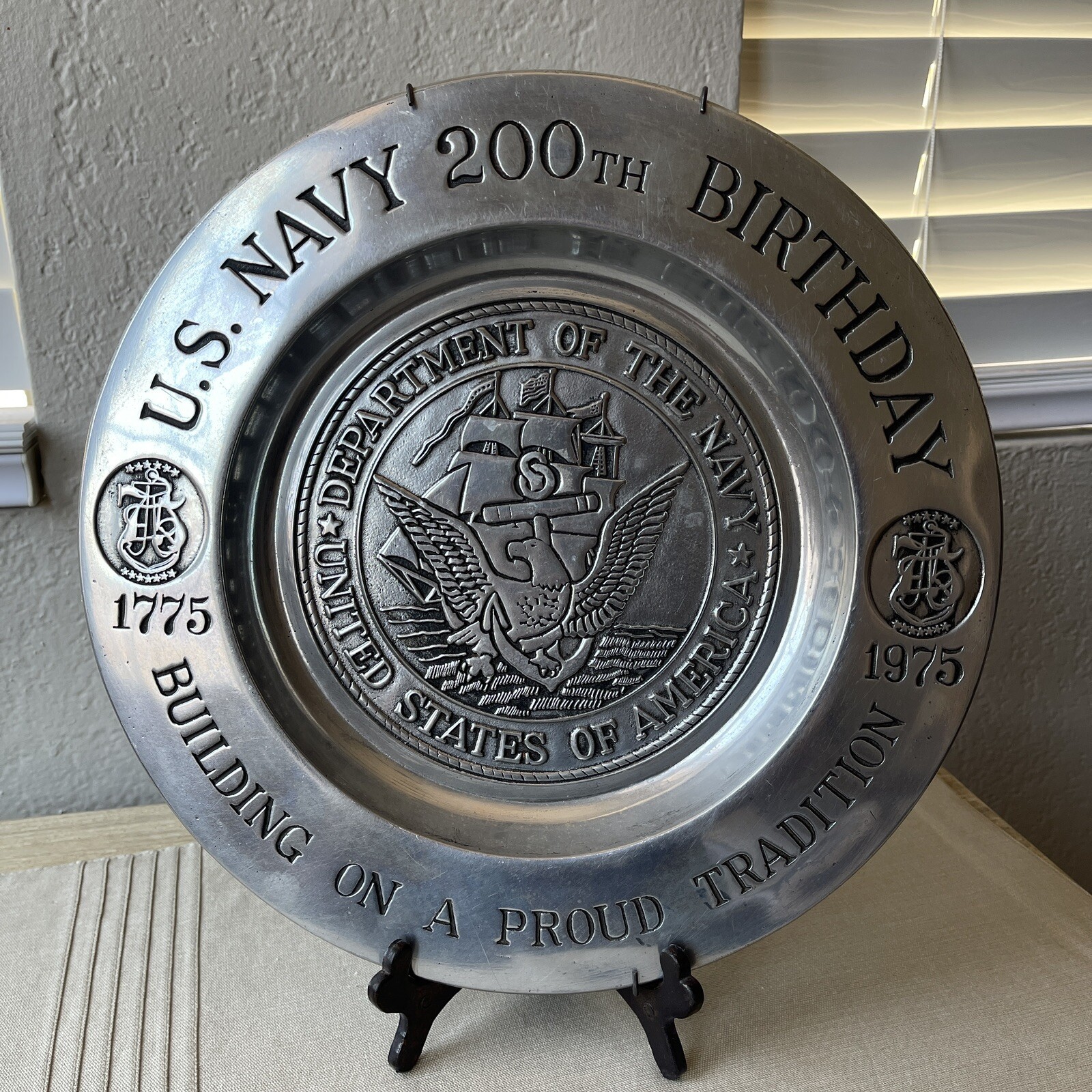 12ʺ US Navy 200th Birthday Large Metal Pewter Plate 1775-1975 Wilton Columbia US