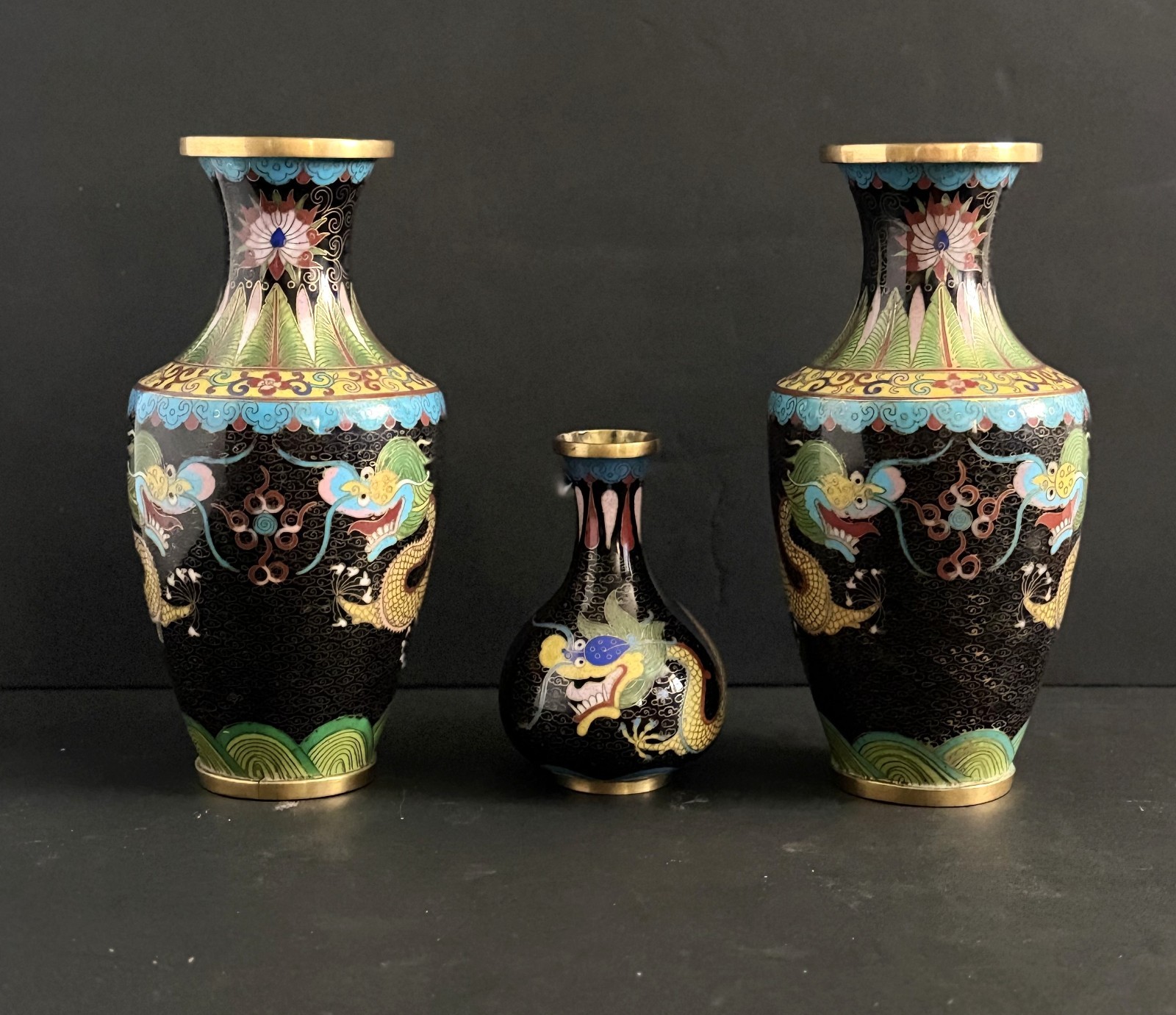 Antique Chinese Cloisonné Dragon Vases Lot of 3 Republic c.1920 Black