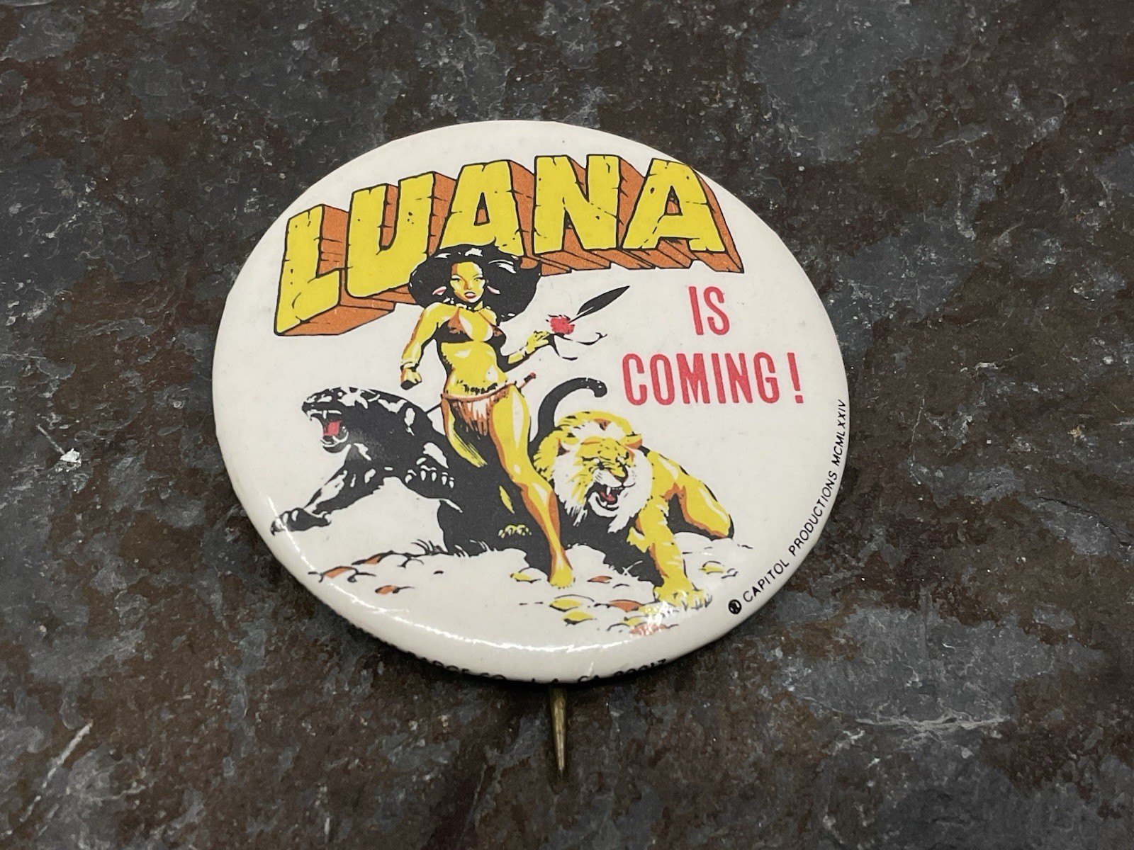 RARE 1968 LUANA IS COMING Jungle Girl Movie Promo Pin 2.25\