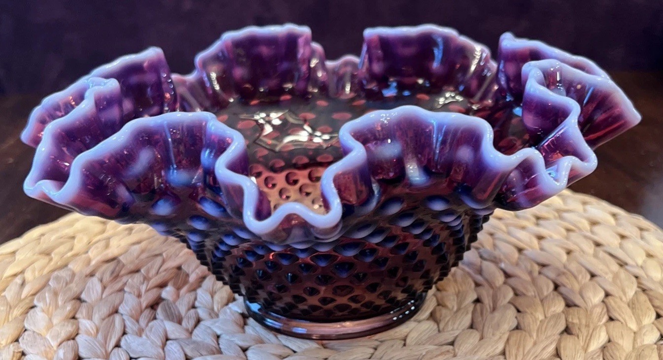 Vintage Fenton Plum Opalescent Hobnail Ruffled Bowl 10” Footed Art Glass