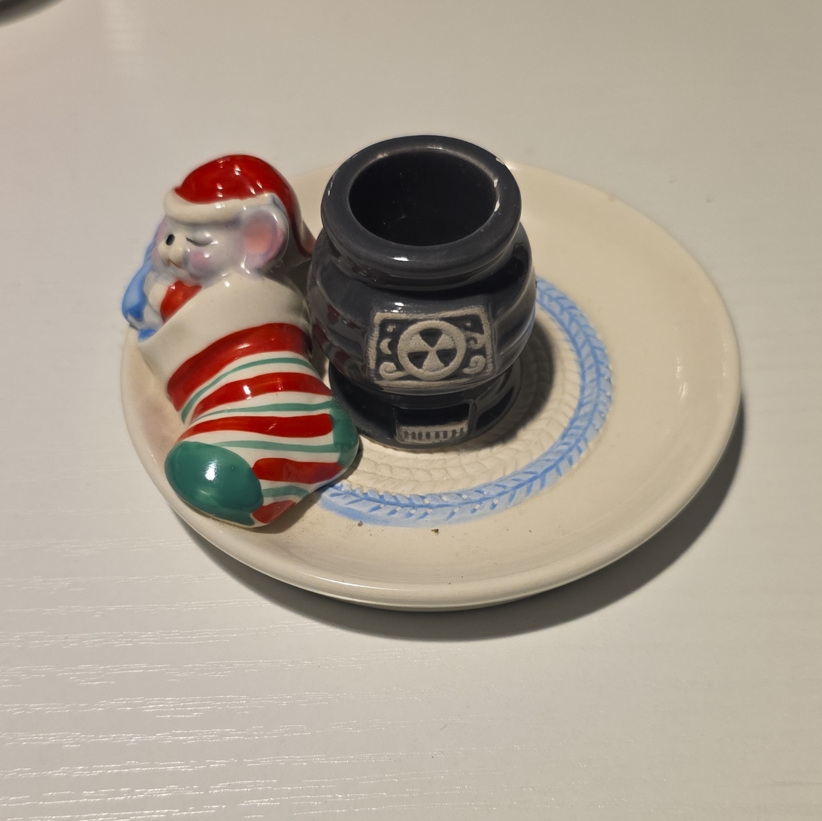 Avon 1983 Christmas Mouse Stocking Ceramic Candle Holder Multicolor Glazed