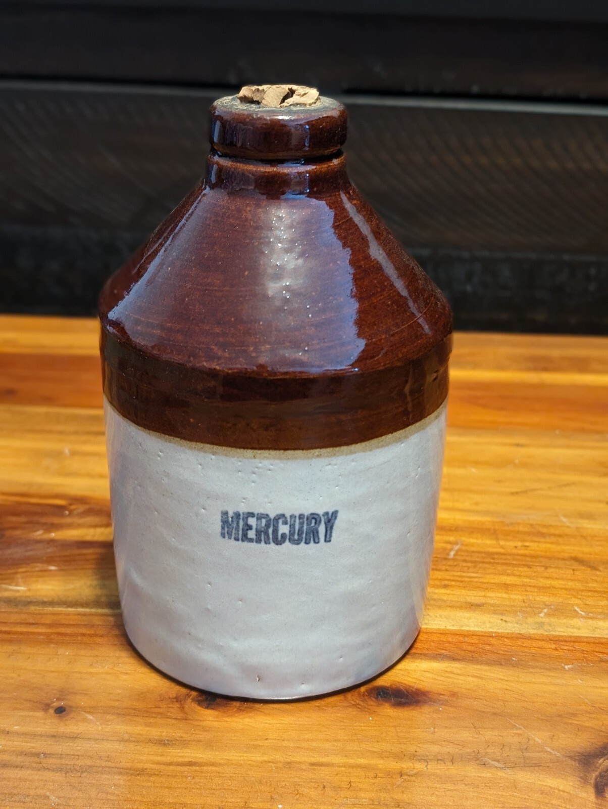 Vintage Small MERCURY Crock Medicinal STONEWARE JUG 2-Tone Color