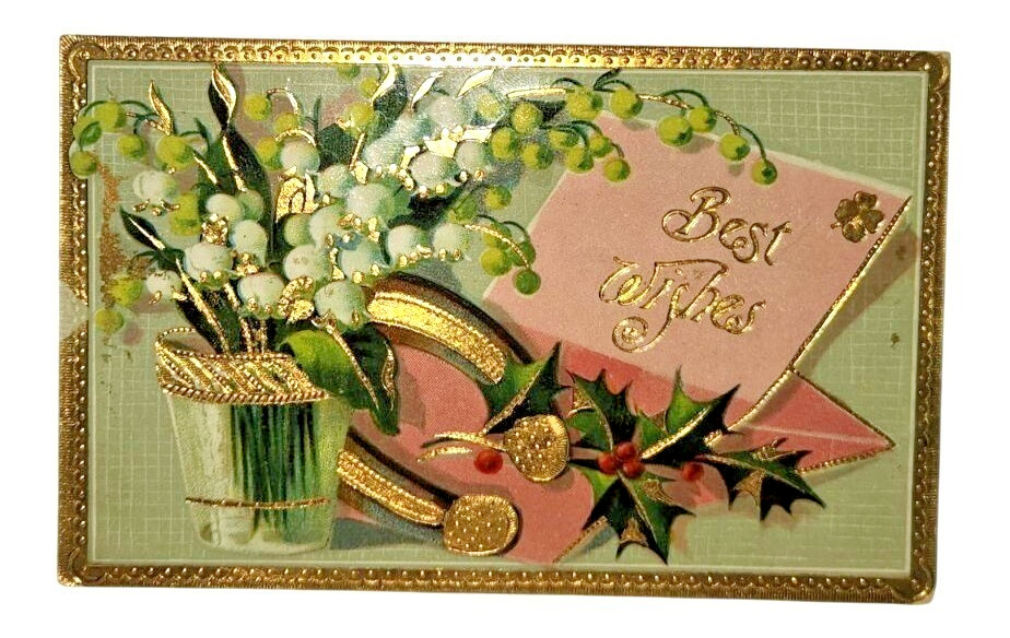 Antique German Christmas Postcard Best Wishes Mistletoe Horseshoe Embossed c1910