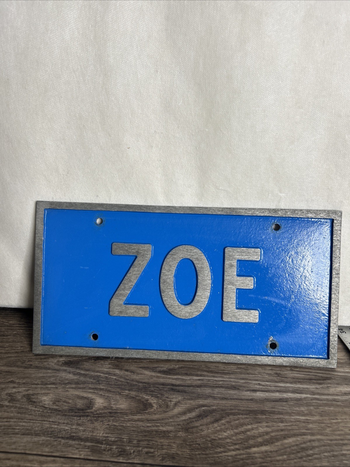Vintage Aluminum Name Plaque – ZOE – Blue & Silver