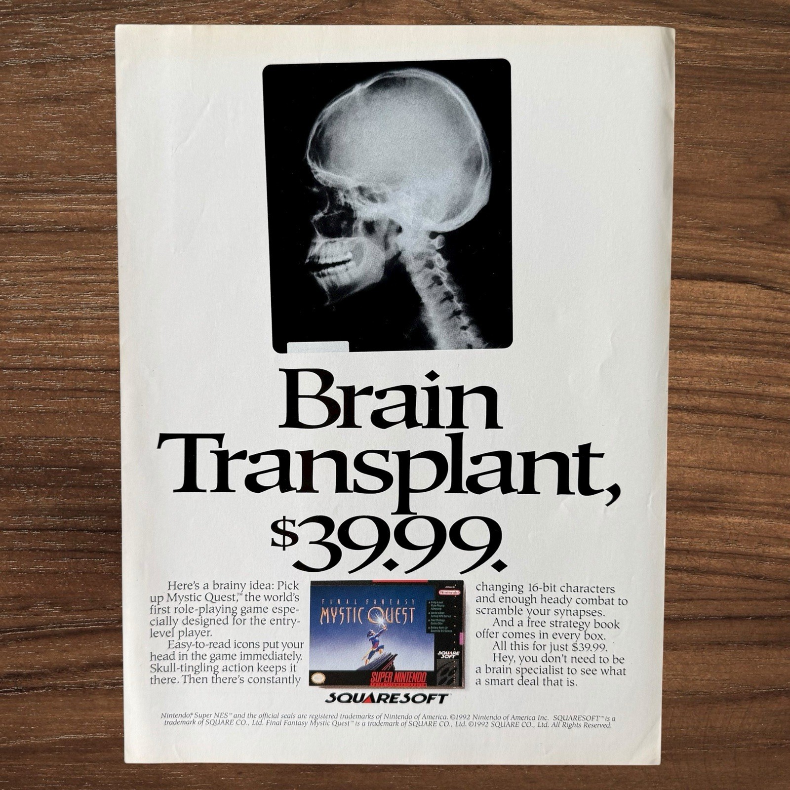 Vintage 1992 Squaresoft Final Fantasy Mystic Quest SNES Video Game Print Ad