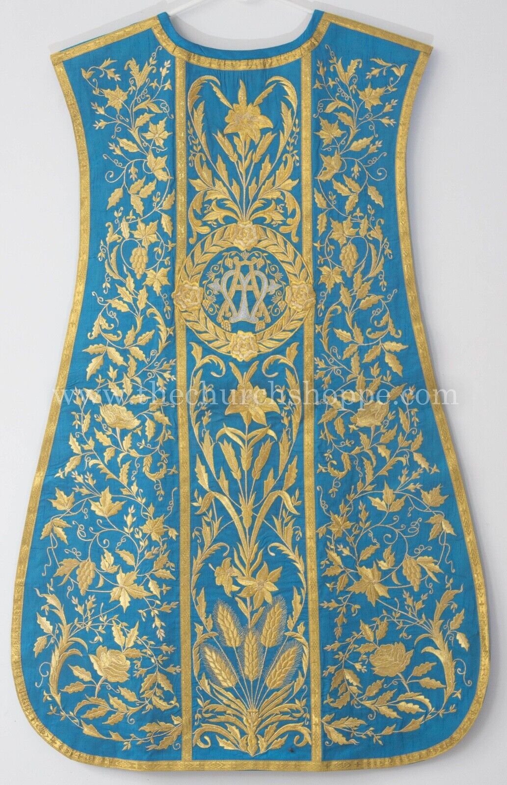 Marian Blue Spanish Fiddleback Vestment & mass set wt Vintage Embroidery pattern
