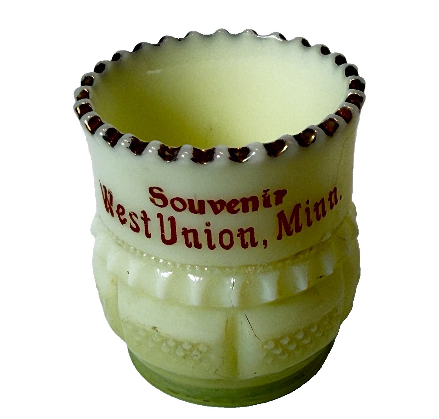 WEST UNION , MINNESOTA MN Uranium Antique Custard Glass Souvenir Cup Trinket WEST UNION , MINNESOTA MN Uranium Antique Custard Glass Souvenir Cup Trinket