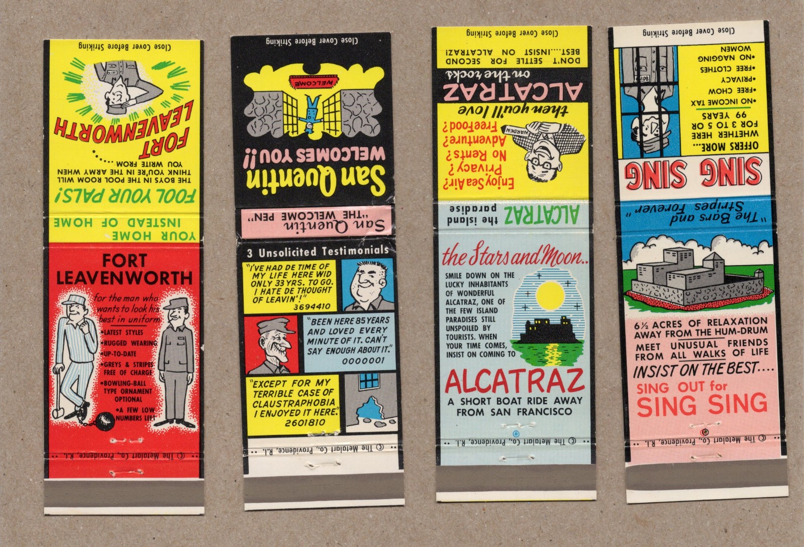 Vintage Prison Jail Matchbook Covers Fort Leavenworth San Quentin Alcatraz 4set