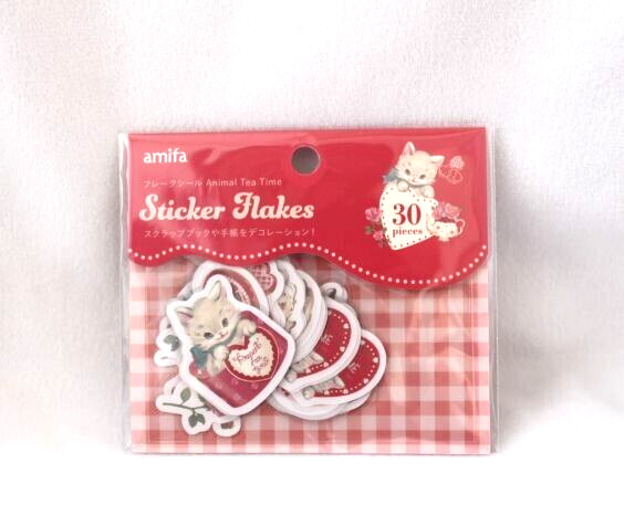 Amifa animal tea time Cat Flakes  sticker pack New red