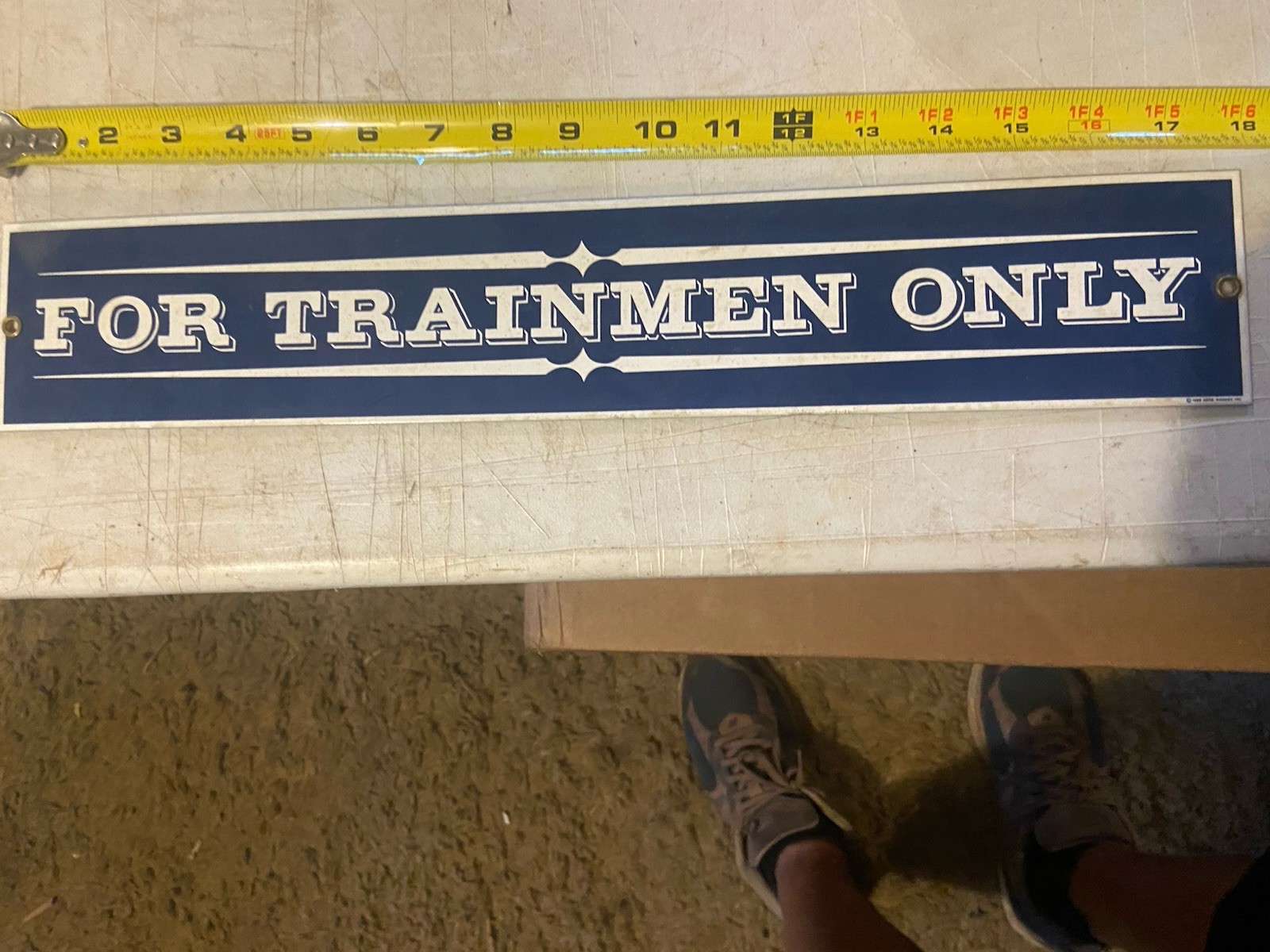 Vintage “For Trainmen Only” Railroad Metal Plaque - Blue & White Railroad Sign