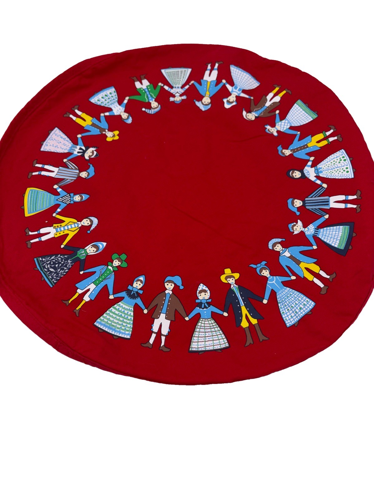 Vintage 60s Red Set of 4 Round Placemats Folk Art Cotton Denmark