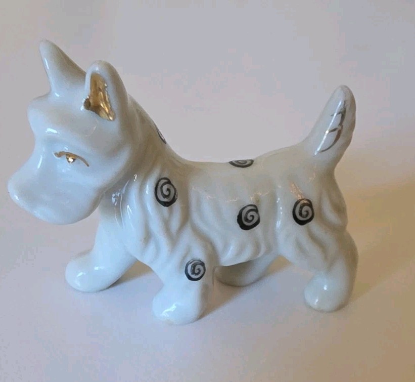 Vintge Scottie Black White Spotted Porcelain Japan Figurine 