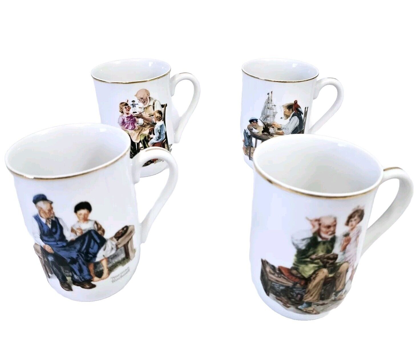 1982 Norman Rockwell Museum Coffee Mugs Cups White/Gold Trim Set of 4. New