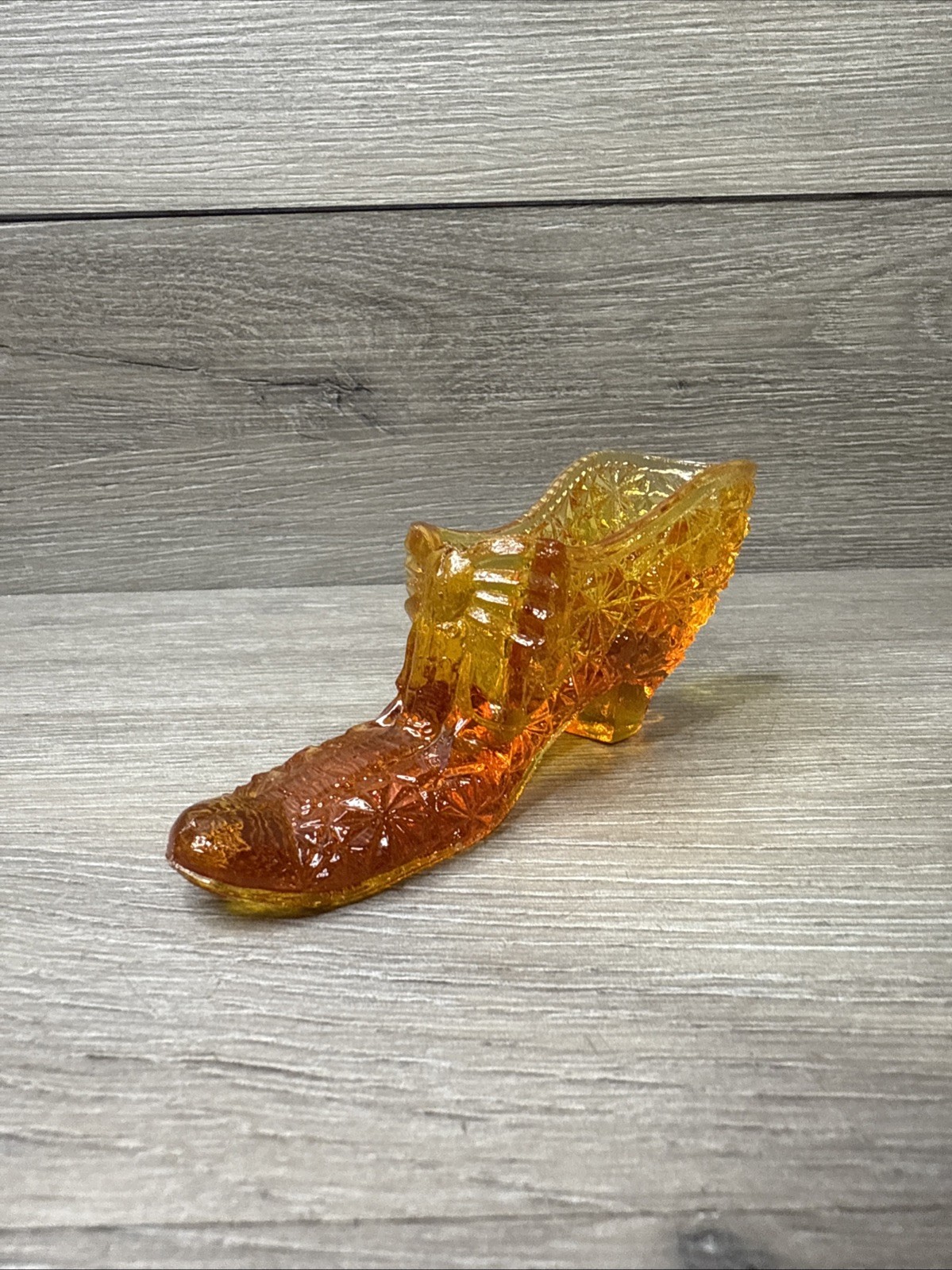 Boyd Amber Daisy & Button Glass Shoe Slipper Trinket Dish Unmarked