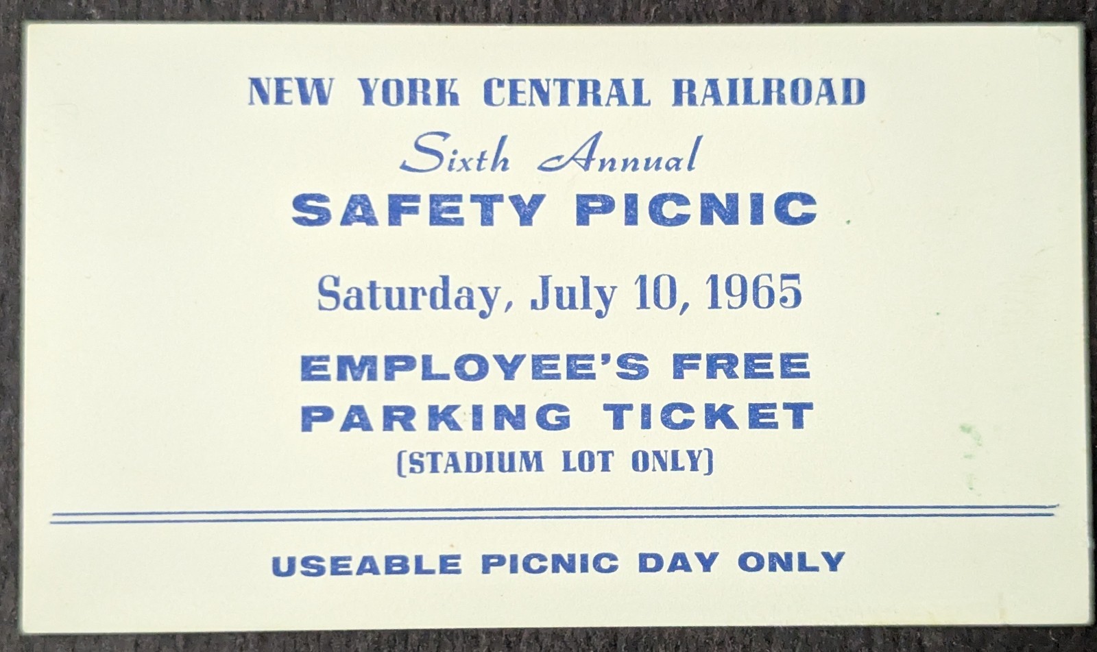 **VINTAGE 1965 NEW YORK CENTRAL RAILROAD 6th ANNUAL SAFETY PICNIC TICKET**