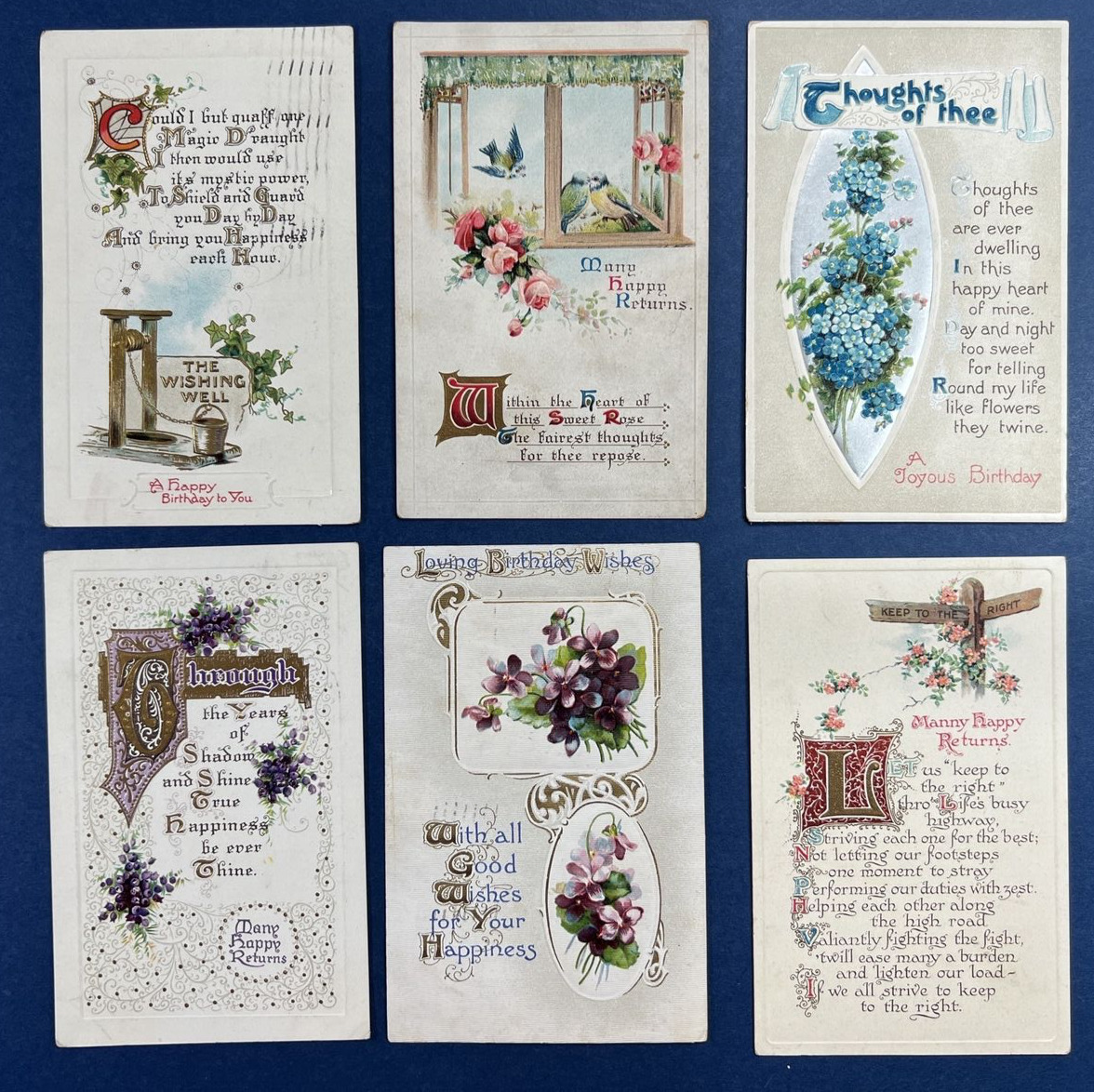 6 Nice Lettering Birthday Antique Postcards. EMB, Gold,Silver. PUBL: Birn Bros