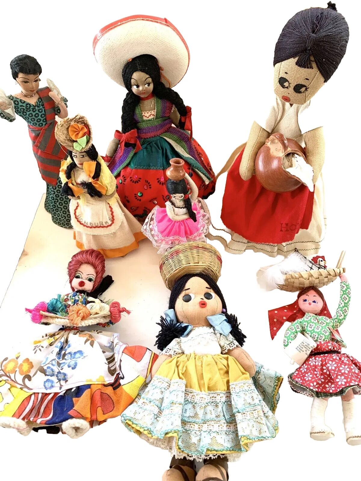 8 Folk Art Lot Cloth Ethnic Dolls Painted Sewn Pottery Vessels 6” - 12” Colorful