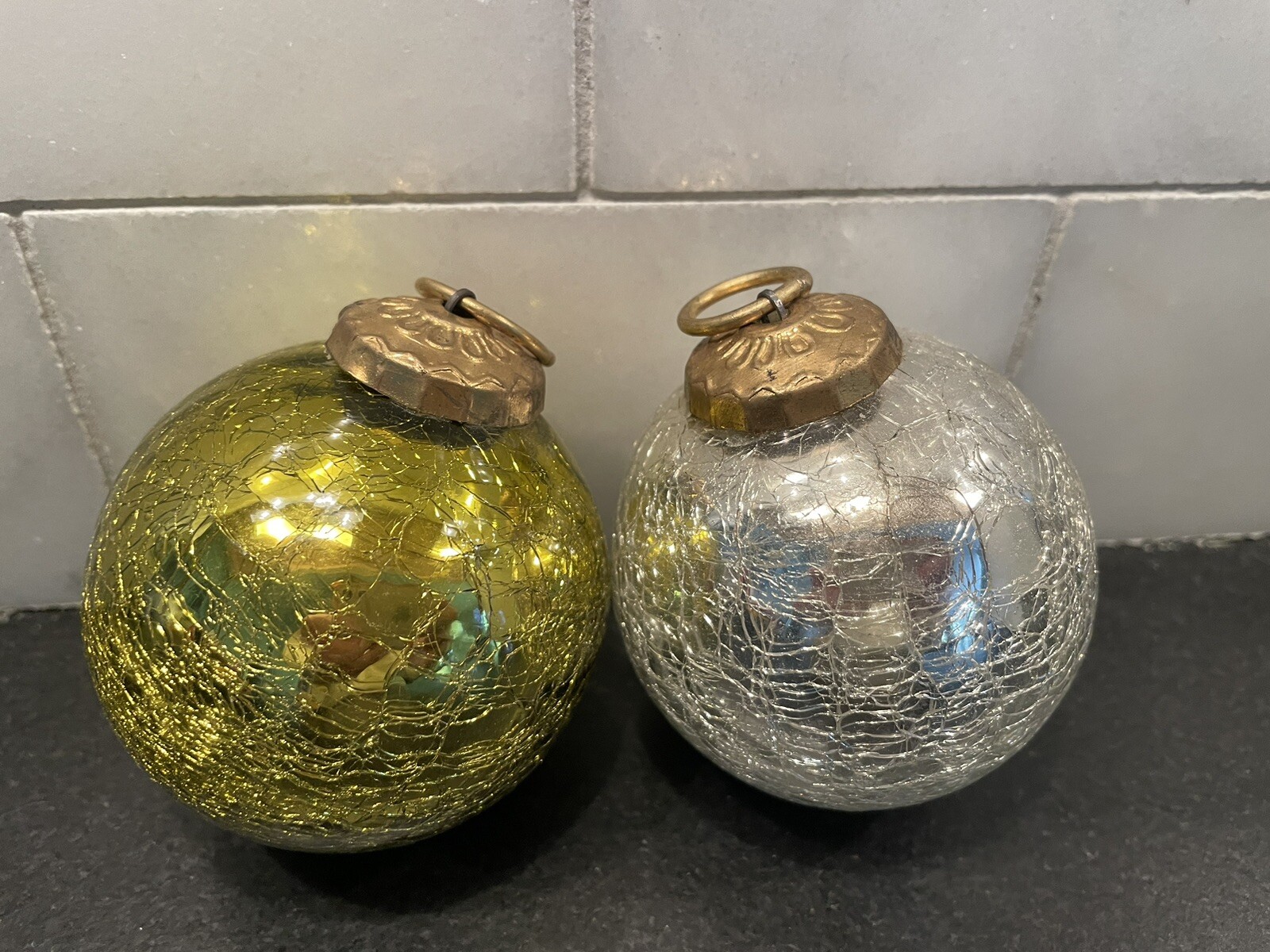 Set Of 2 Heavy Silver  & Gold Crackle Glass Kugel Christmas Ornaments 3” Brass
