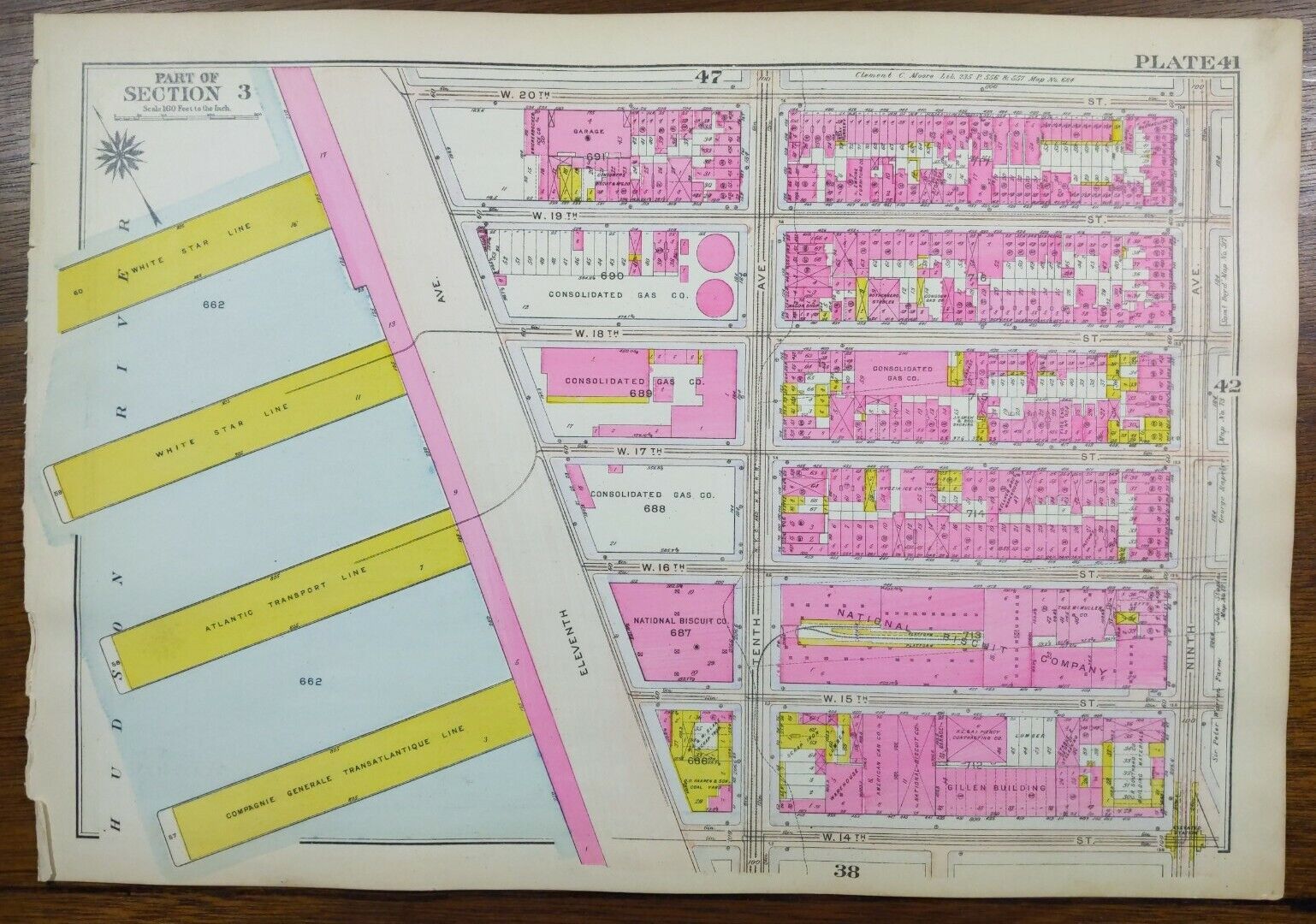 1916 CHELSEA MANHATTAN NEW YORK CITY Street Map ~ CHELSEA PIERS W20th-W14th St