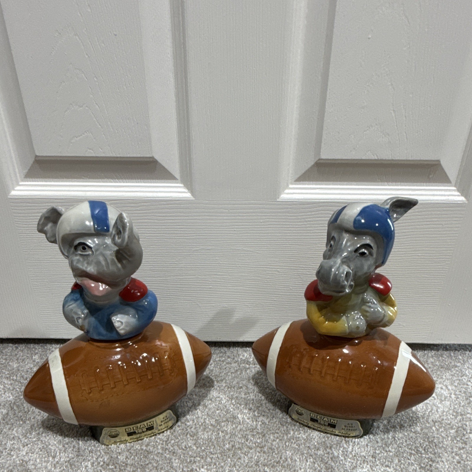 Lot of 2 Vintage 1972 Jim Beam Republican & Democrat Football Decanters - Empty