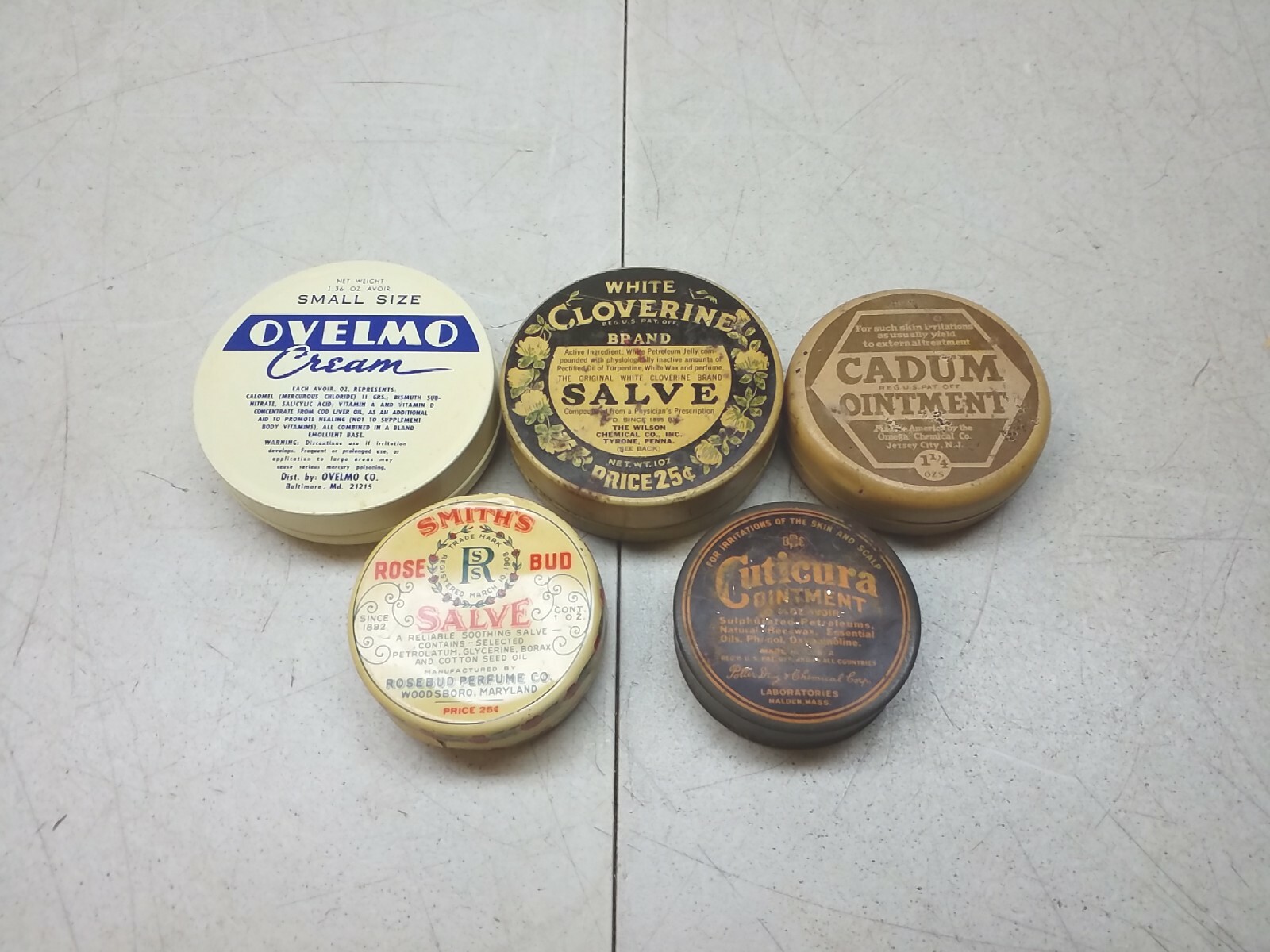 Lot Of 5 Vintage Salve Tins Ovelmo Smith\'s Rose Bud White Clover Cuticura Cadum