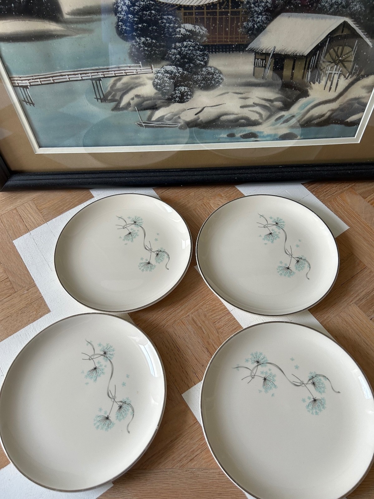 Set of 4 Vintage Taylor, Smith,Taylor Dandelion Flower Aqua Bread Butter Plates