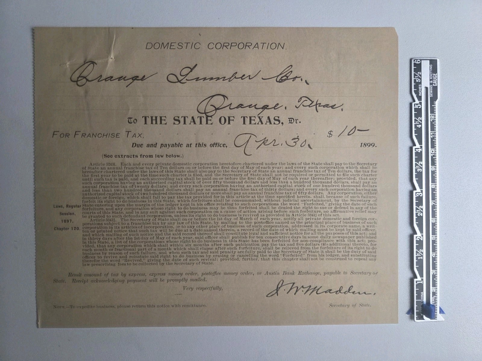 1899 Texas Franchise Tax Notice Orange Lumber Co Orange TX Antique Document