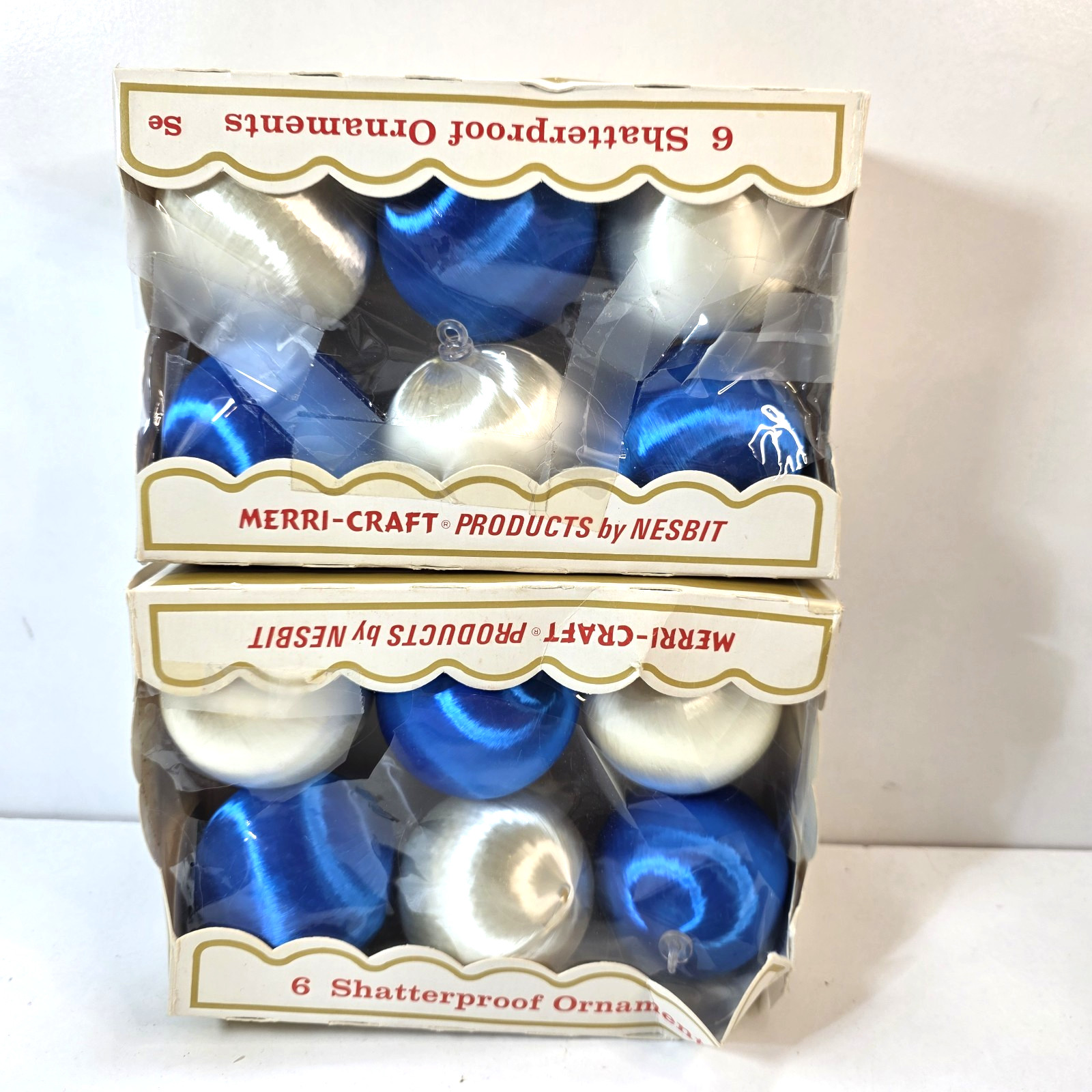 Vintage Merri-Craft 2” Satin Christmas Ornaments 12 Count Blue And White Balls