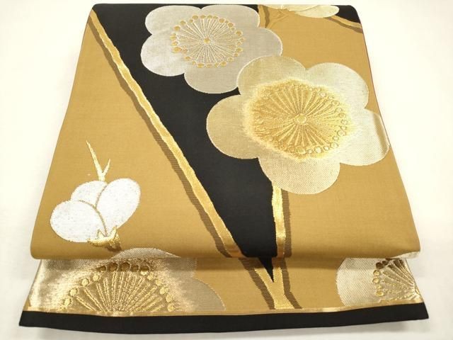 Heiwaya Kimono Obi Belt Plum Branch Pattern Black Gold Silk Vintage Japan