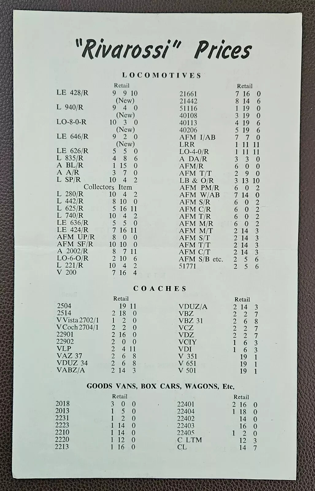 Vintage Rivarossi Price List. Model Railway Locomotives, Coaches, Wagons etc