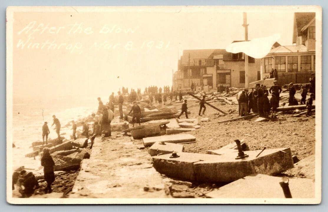 Vintage RPPC Winthrop Massachusetts Cleanup After Storm Real Photo Postcard 1931