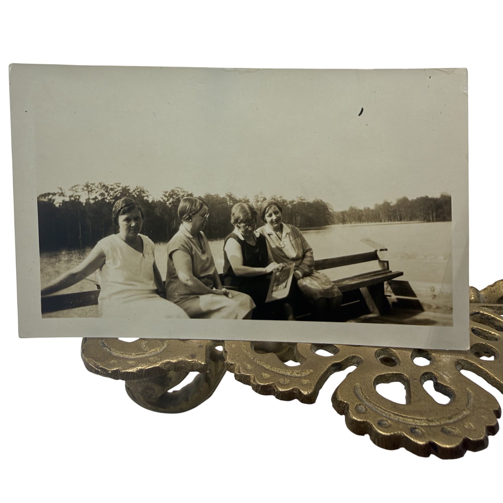 Vintage 1925-49 Women Lake Bench Snapshot Photo 2.75x4.5 Sepia Gelatin Orig