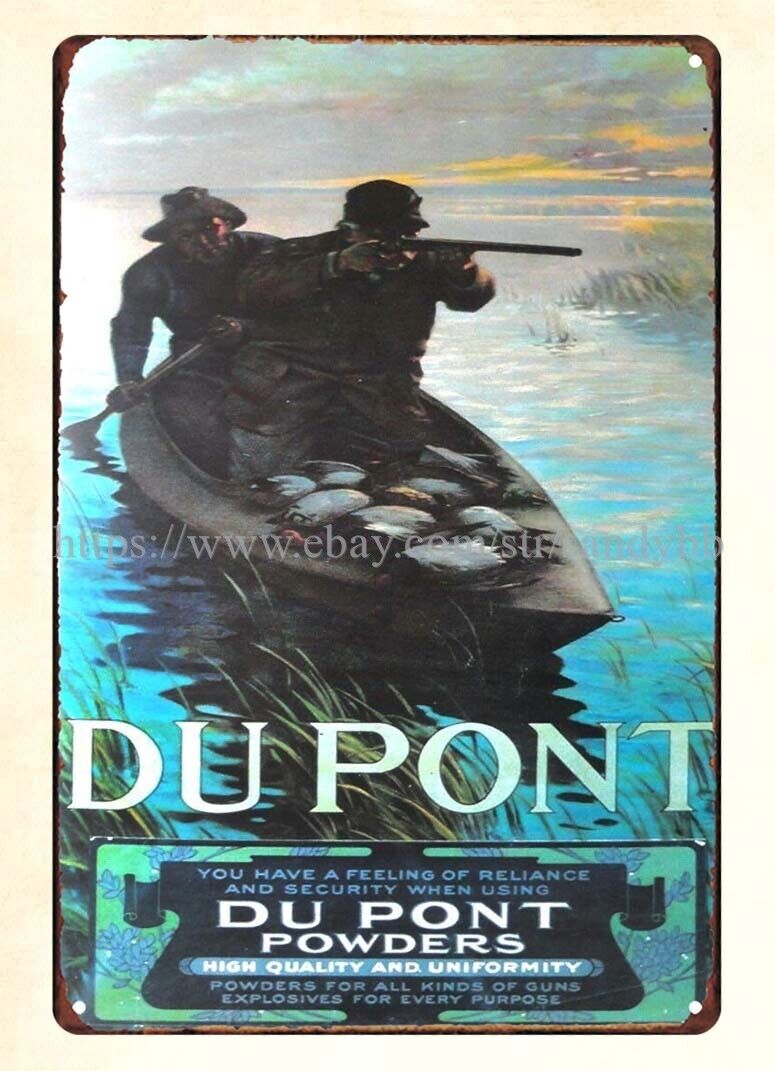 affordable home accents Dupont Gun Powders Duck Hunting metal tin sign