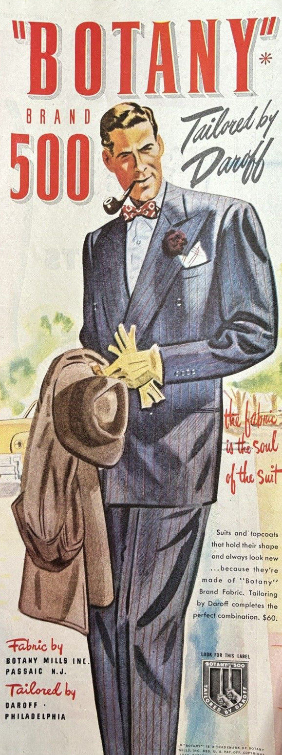 1948 Botany 500 Mens clothing Soul suit Tailored Daroff Fabric VTG Print Ad