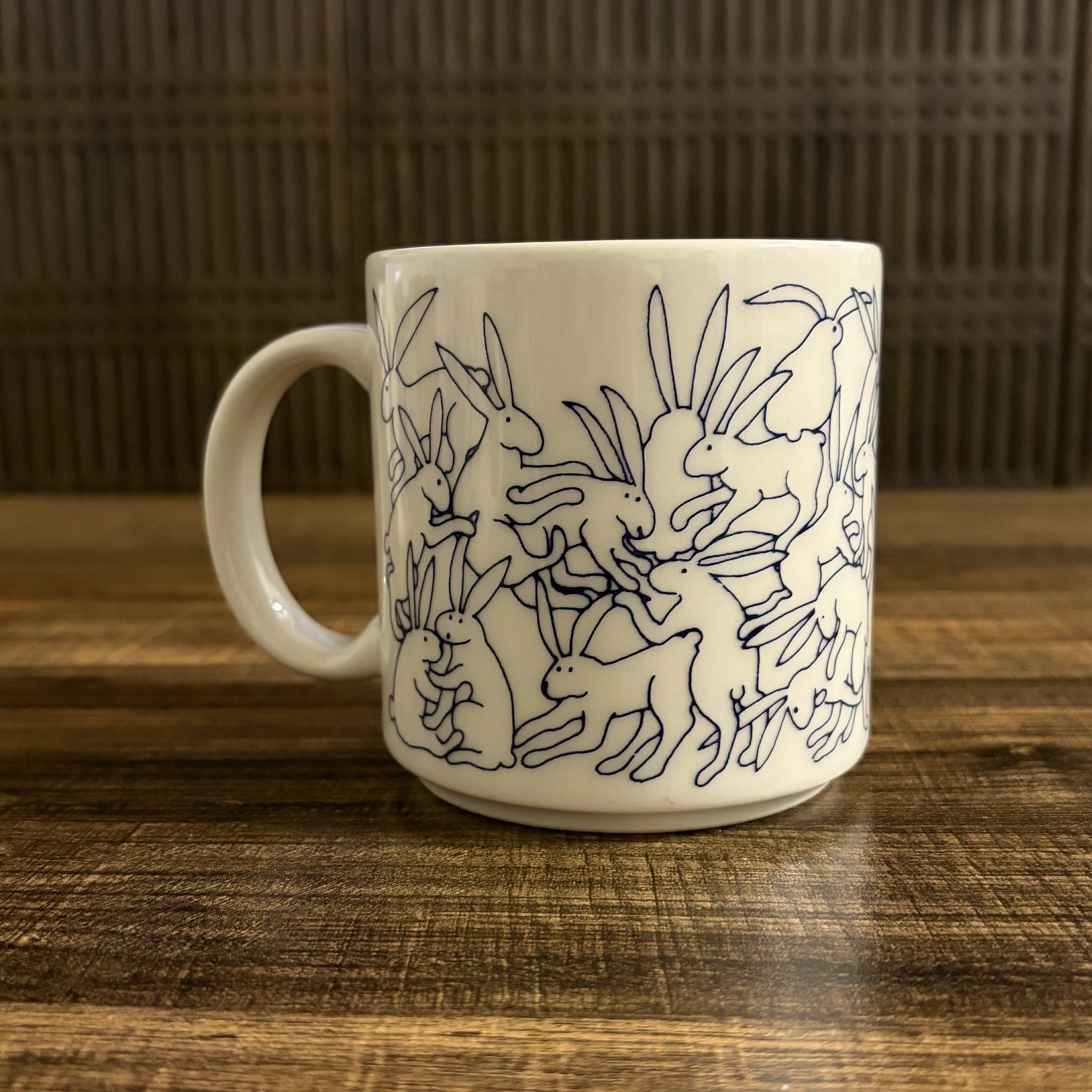 Vintage 1984 Taylor & Ng Rabbit Orgy Mug Blue White Bunny Japan Coffee Cup