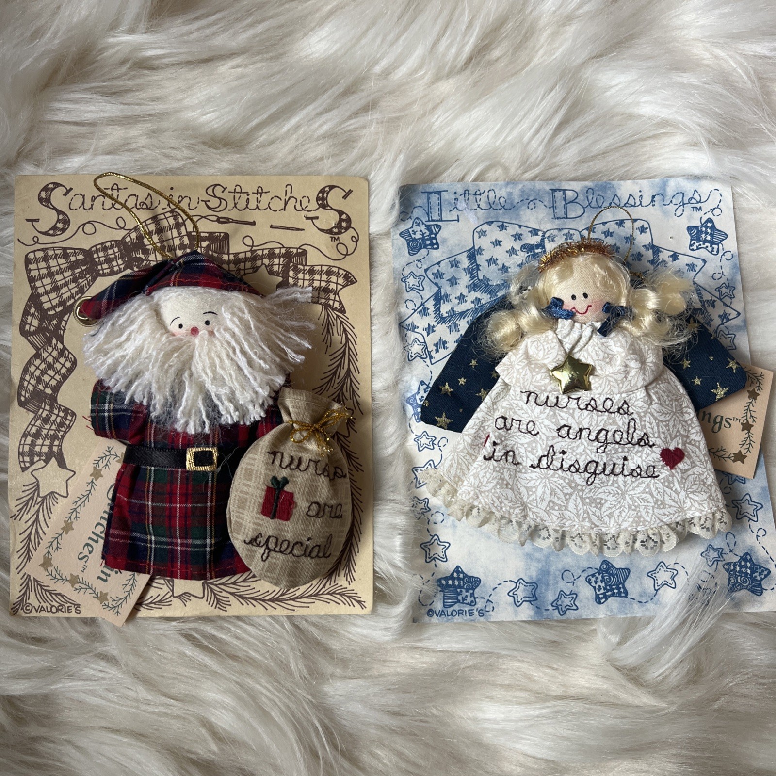 Vtg Valories Nurse Christmas Ornaments Santa Angel Fabric Nurses Gift NOS Set