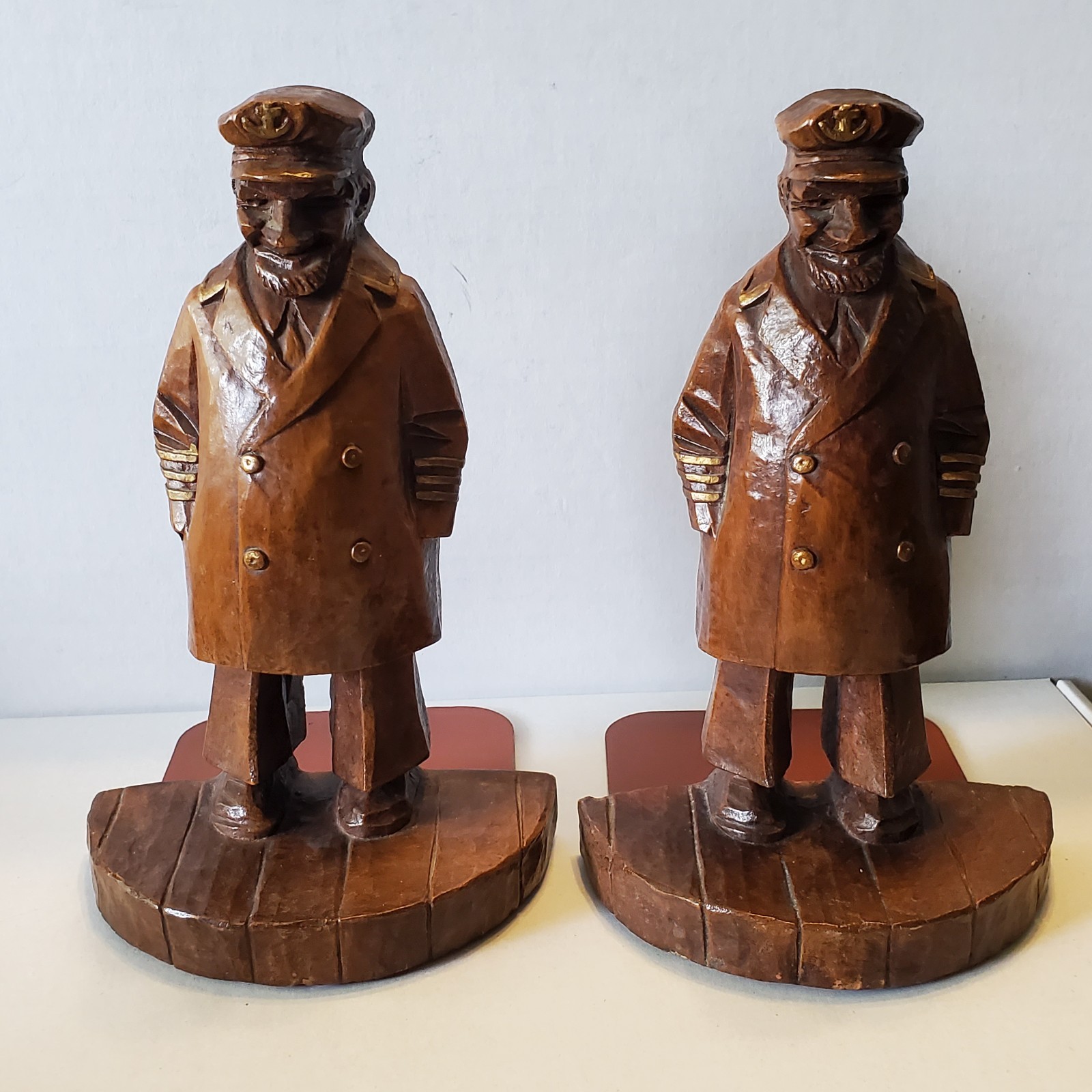 Vintage Hand Carved Old Sea Captain Weighted Wood Bookends 7.5\