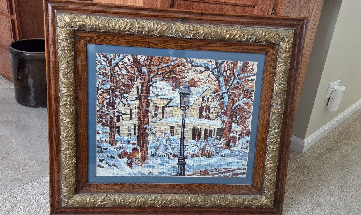 Antique Gilt Gesso Wood Frame w/Needlepoint Winter Home Scene 30x26 Fits 20x16