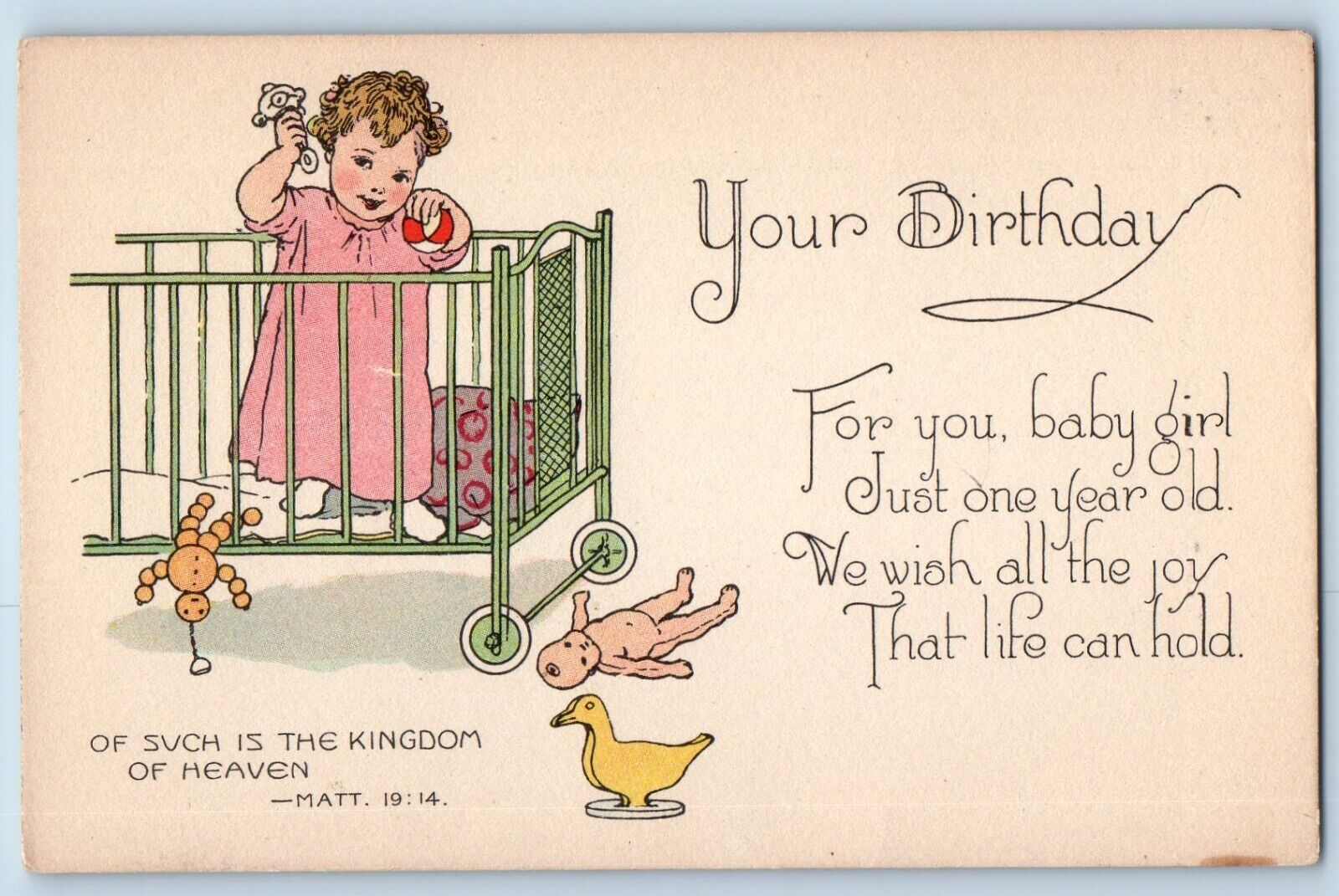 Birthday Postcard Baby Girl Playing In Rolling Crib With Toys c1910's Antique