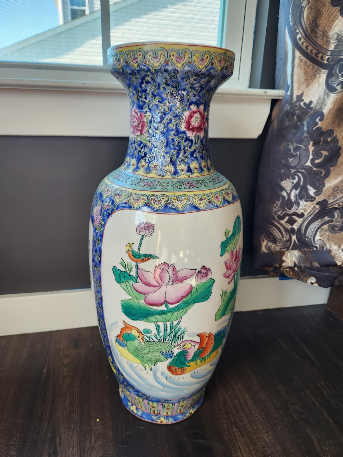 Vintage Chinese Porcelain Floor Vase Mandarin Ducks Lotus Birds Blue Floral 24