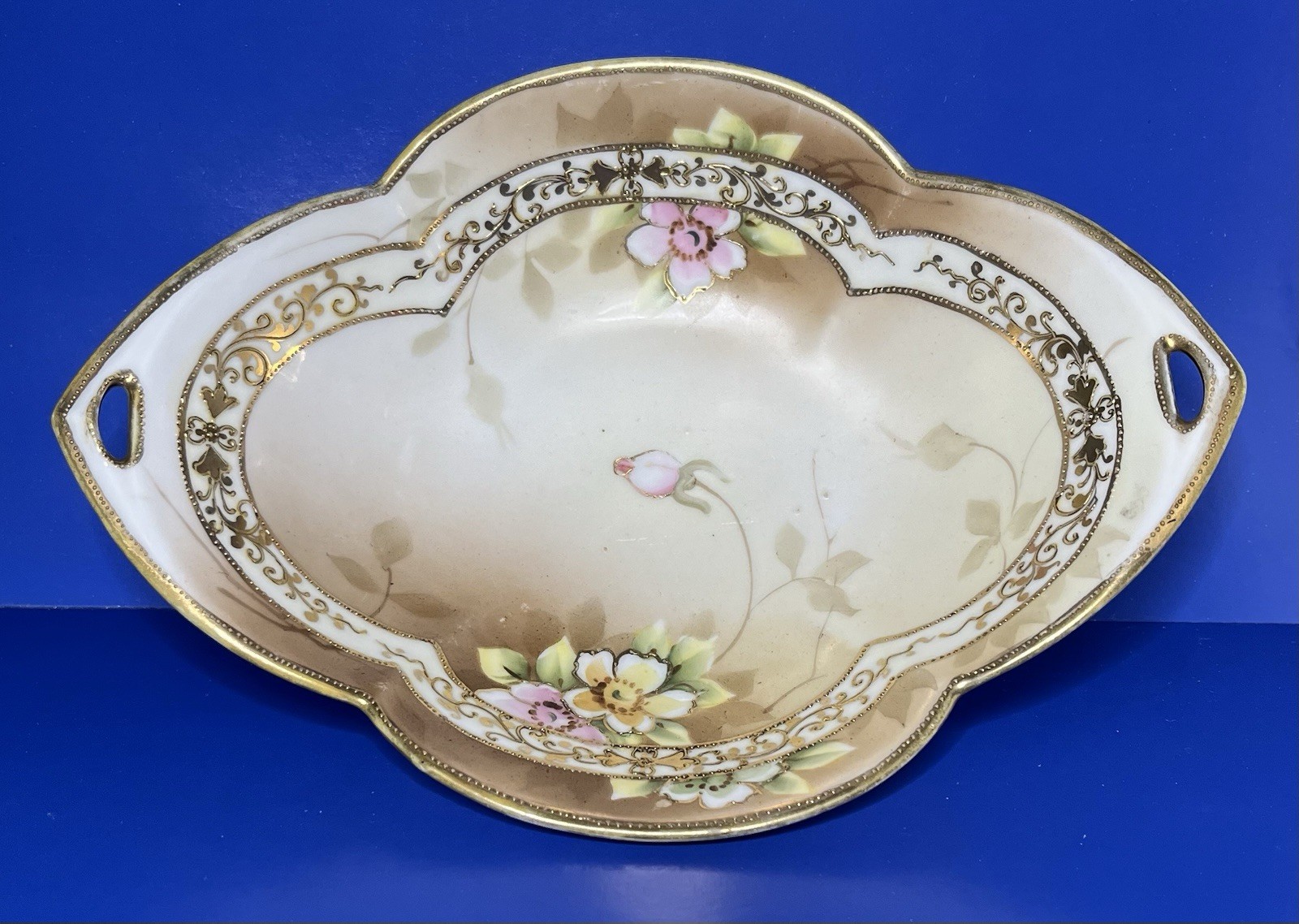 Vintage NIPPON Hand Painted Japanese Porcelain Handled 8”x 5 3/4 Bowl Nut Dish Vintage NIPPON Hand Painted Japanese Porcelain Handled 8”x 5 3/4 Bowl Nut Dish