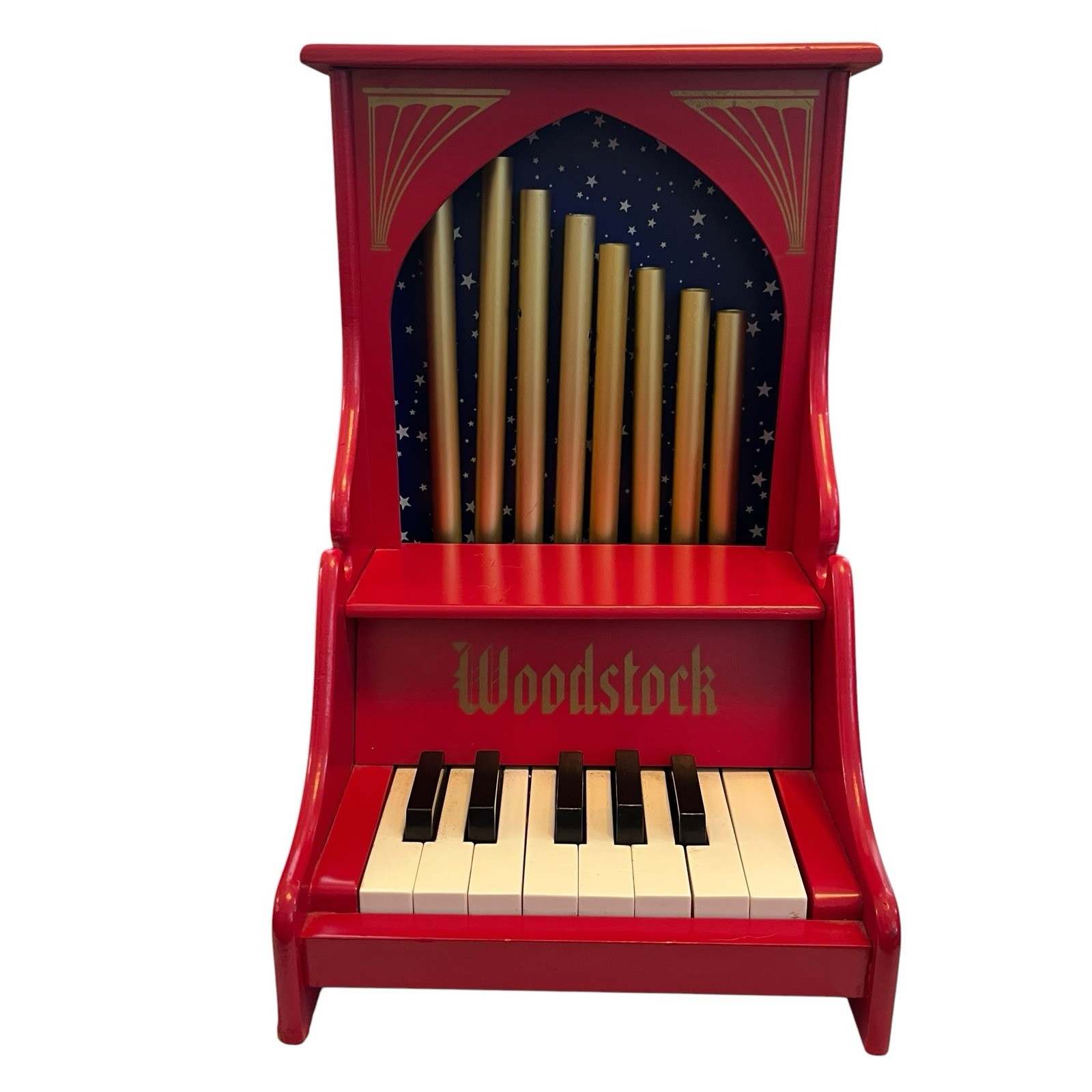 Vintage Woodstock Cathedral Organ Chimes Childs Piano Red Wood Musical Toy Works