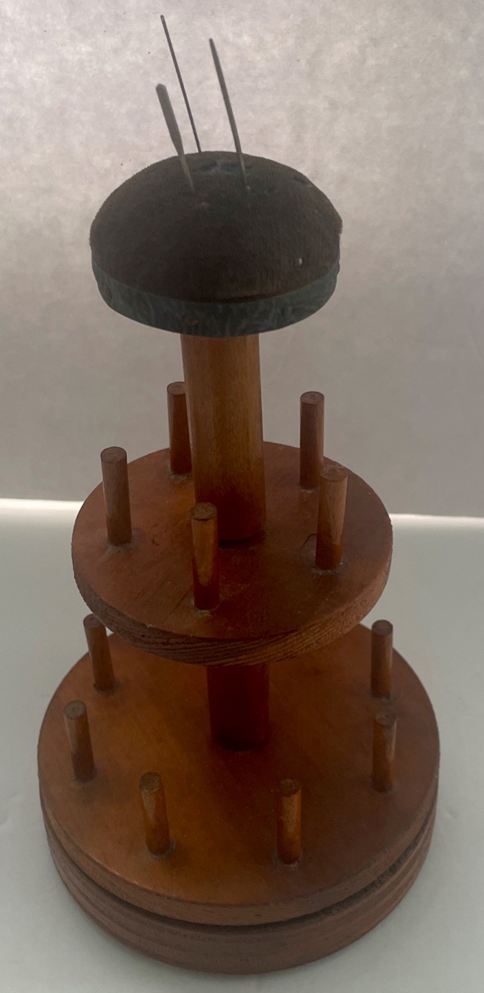 Vintage Wooden  Sewing Caddy Pin Cushion Rotating Thread Storage 