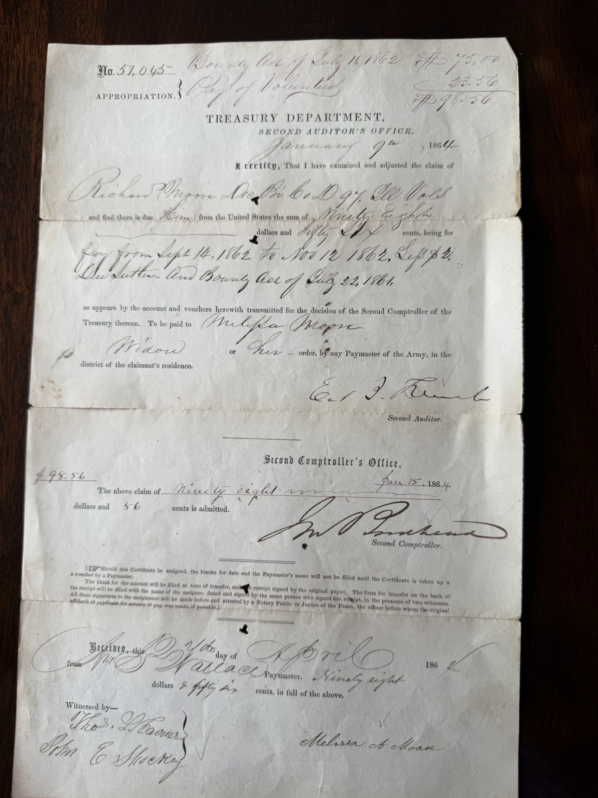 1864 Civil War Payment To Richard Morse Of Illinois Volunteers #51065